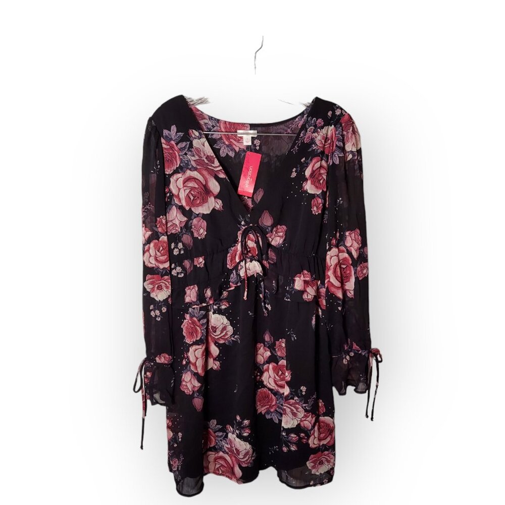 NWT Xhilaration Black Floral Print Mini Dress Size -Small Sheer Sleeves